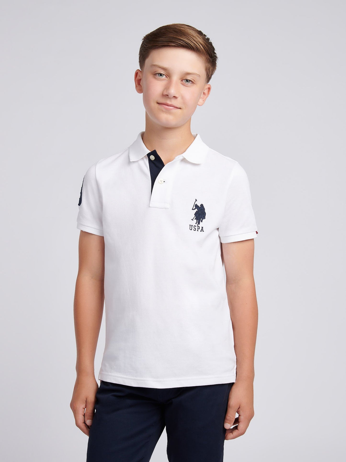 Boys Player 3 Polo Shirt White / Dark Sapphire Navy DHM