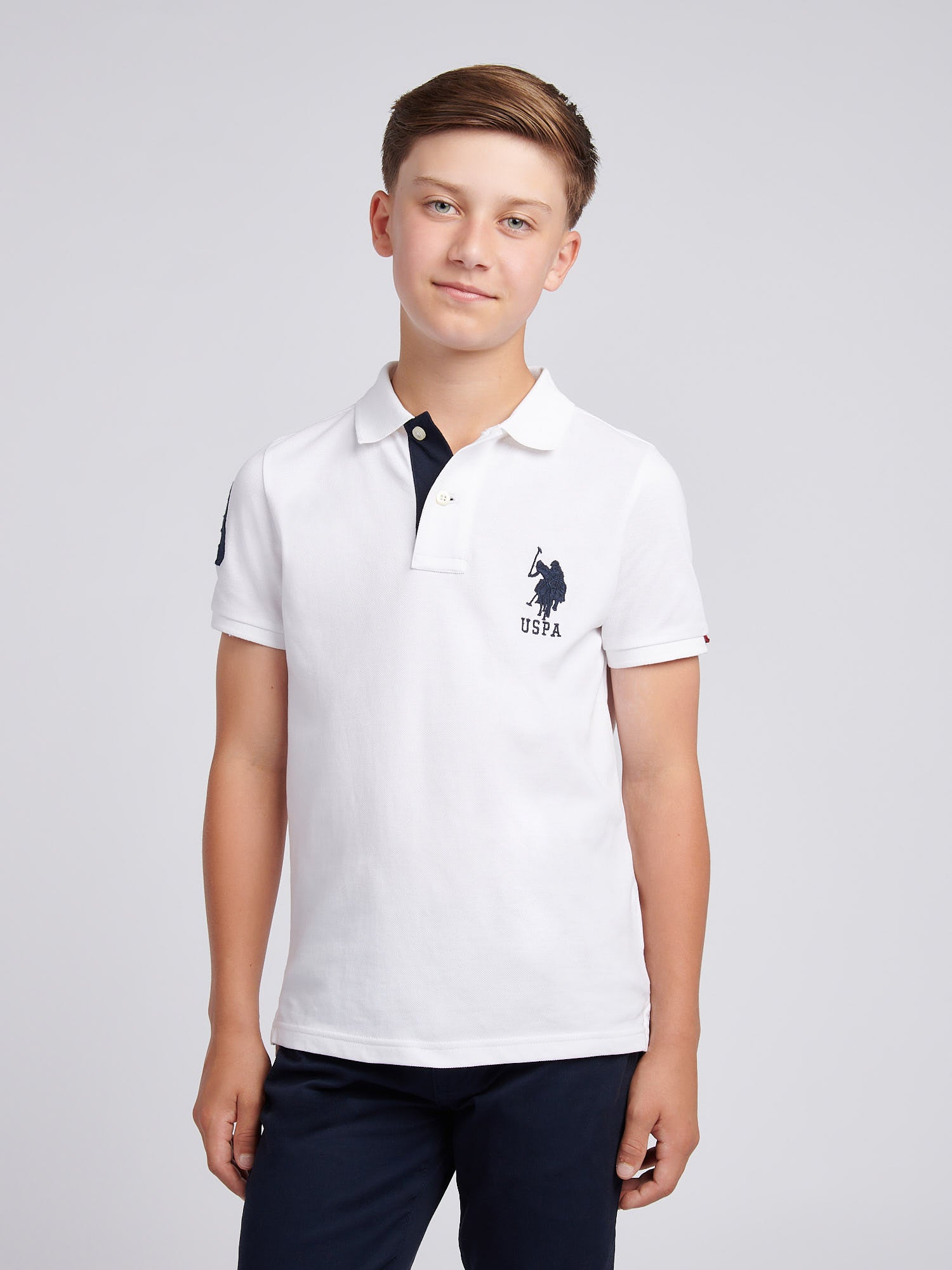 Boys Player 3 Polo Shirt White / Dark Sapphire Navy DHM