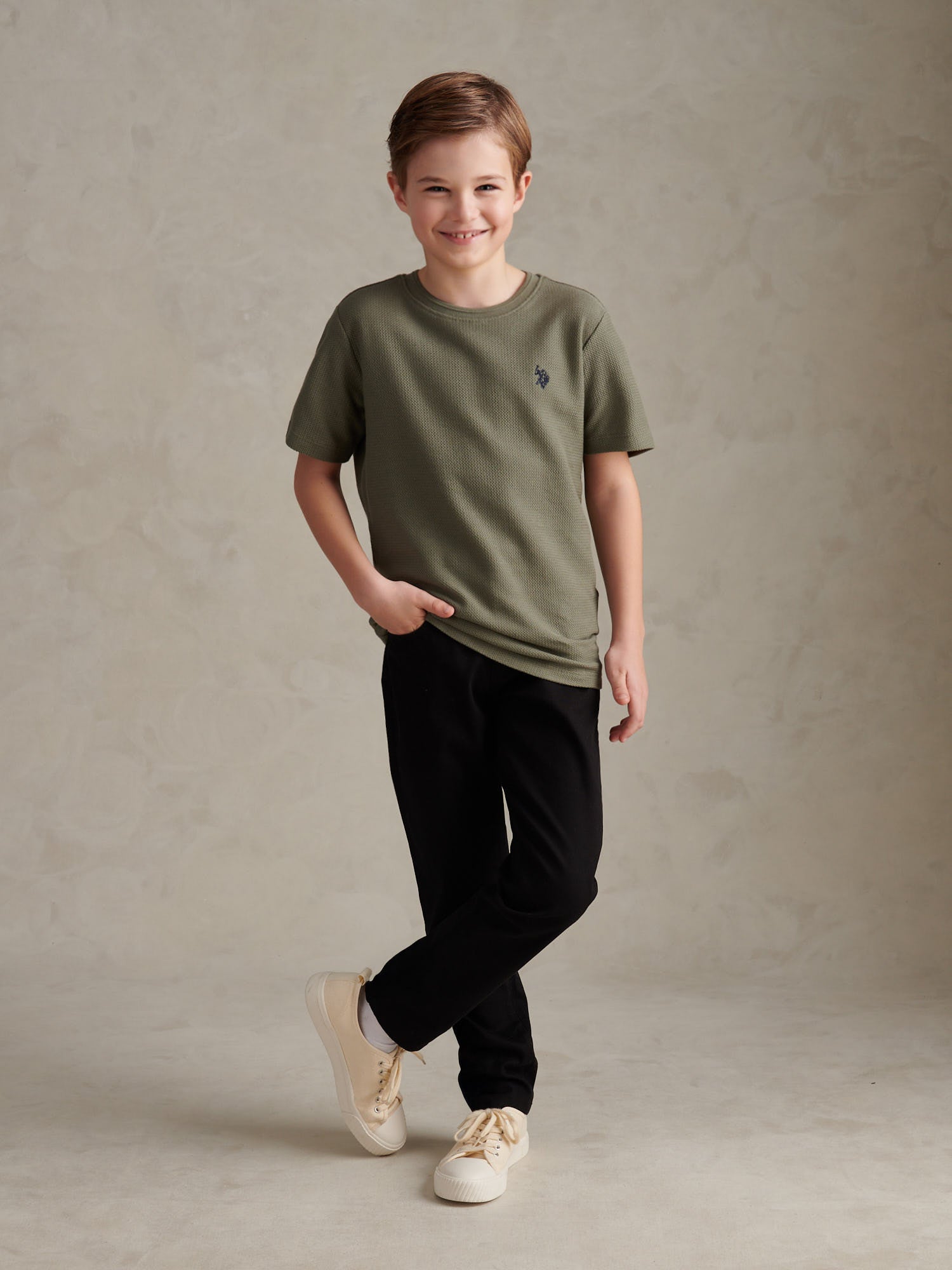 Boys Herringbone Texture T-Shirt in Mulled Basil