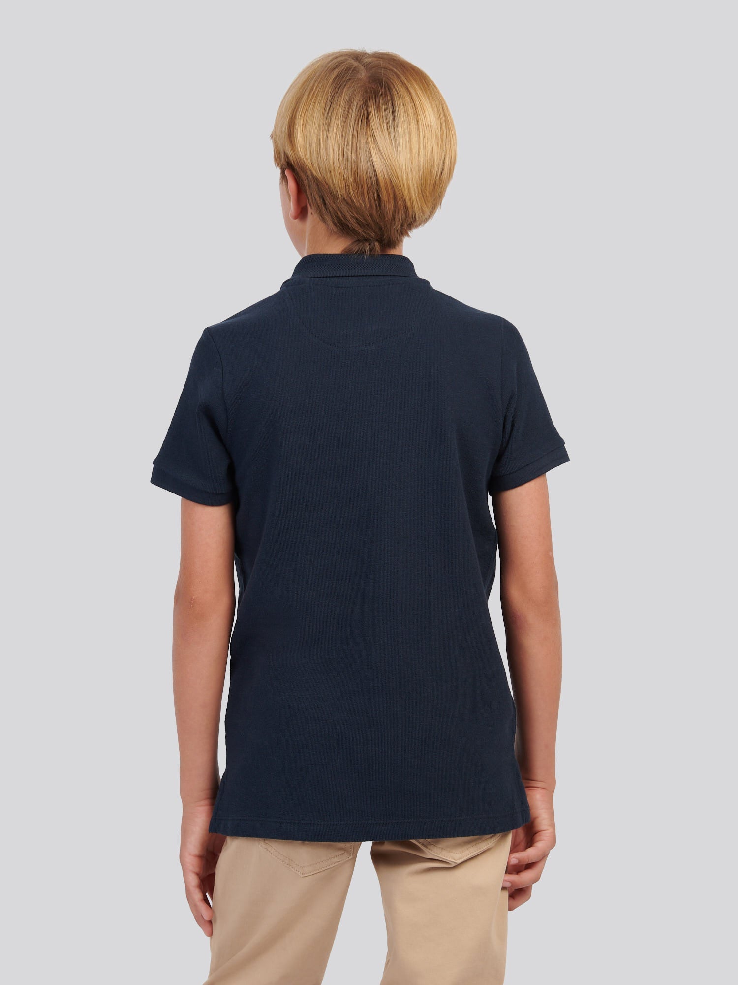 Boys Flat Pile Texture Zip Polo Shirt in Dark Sapphire Navy / Moonlight Blue DHM