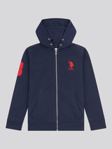 Boys Player 3 Zip Hoodie in Dark Sapphire Navy / Haute Red DHM