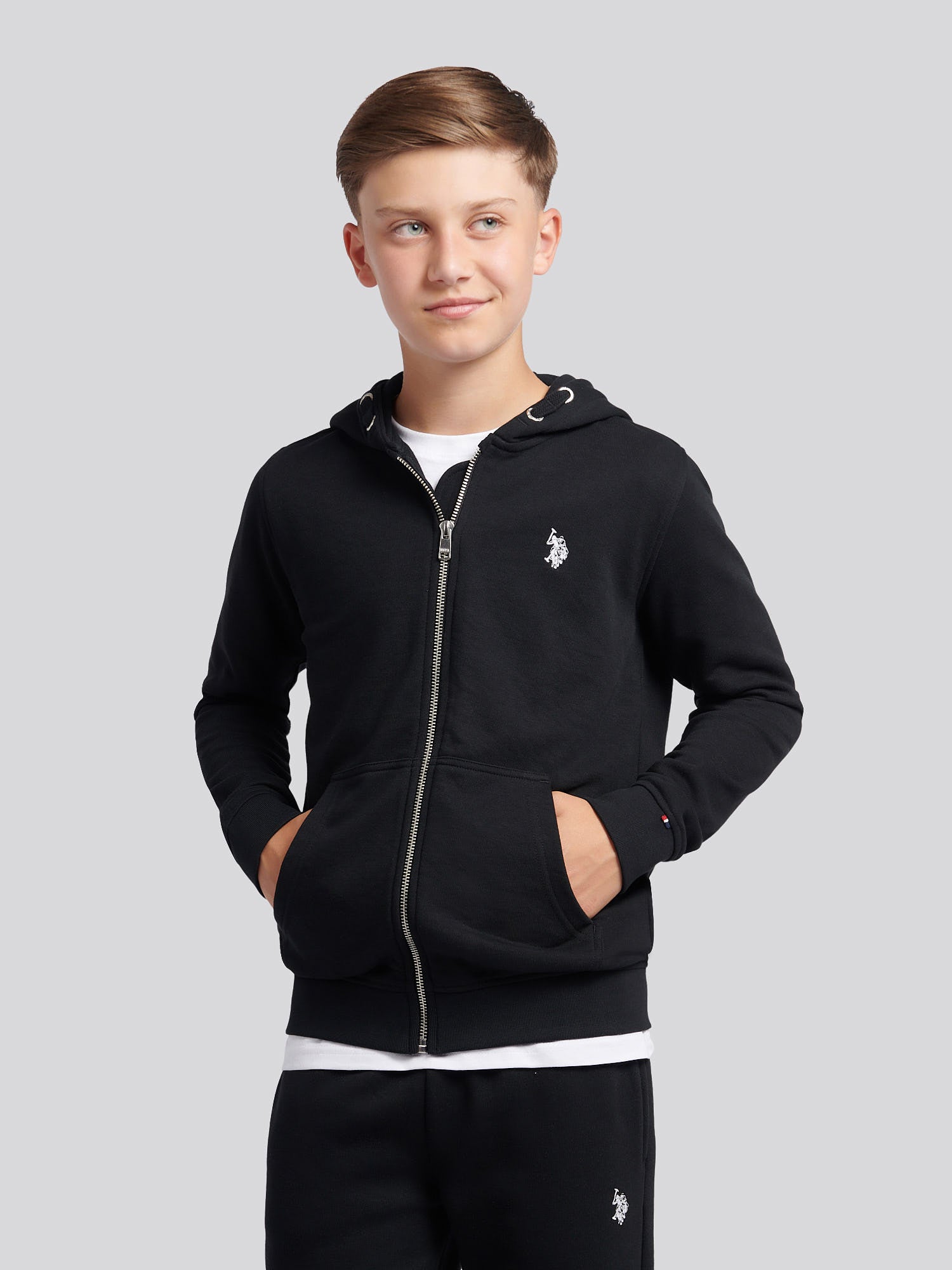 Boys Double Horsemen Zip Hoodie Black Bright White DHM