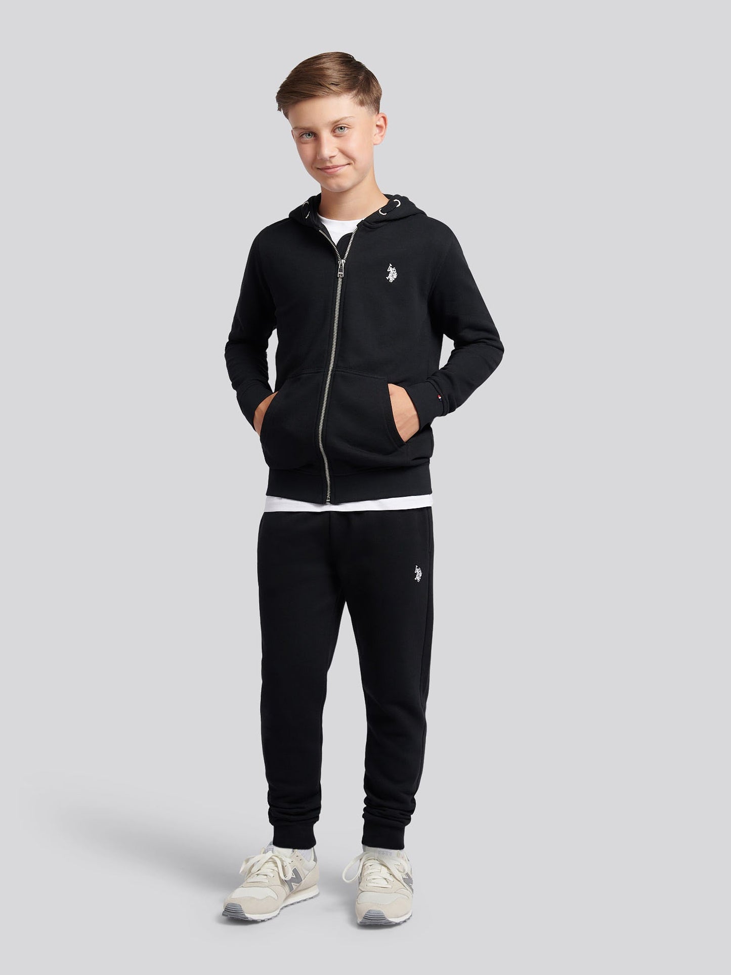 Boys Double Horsemen Zip Hoodie Black Bright White DHM