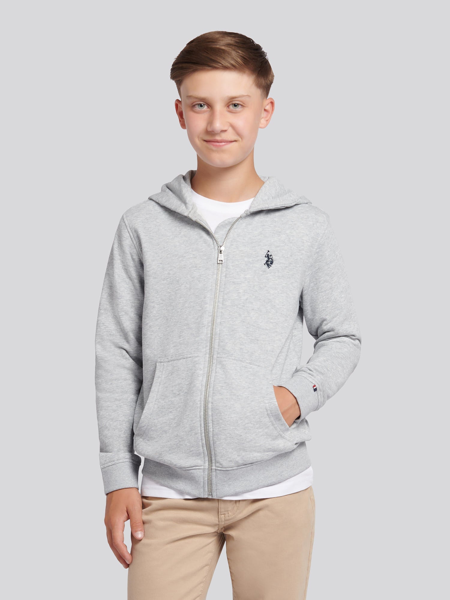 Boys Double Horsemen Zip Hoodie Mid Grey Marl