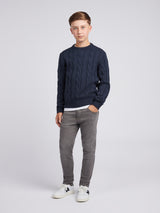 Boys Cable Knit Crew in Dark Sapphire Navy