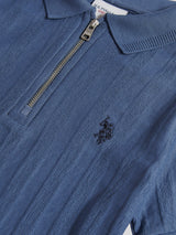 Boys Vertical Stripe Texture Zip Polo Shirt in Vintage Indigo
