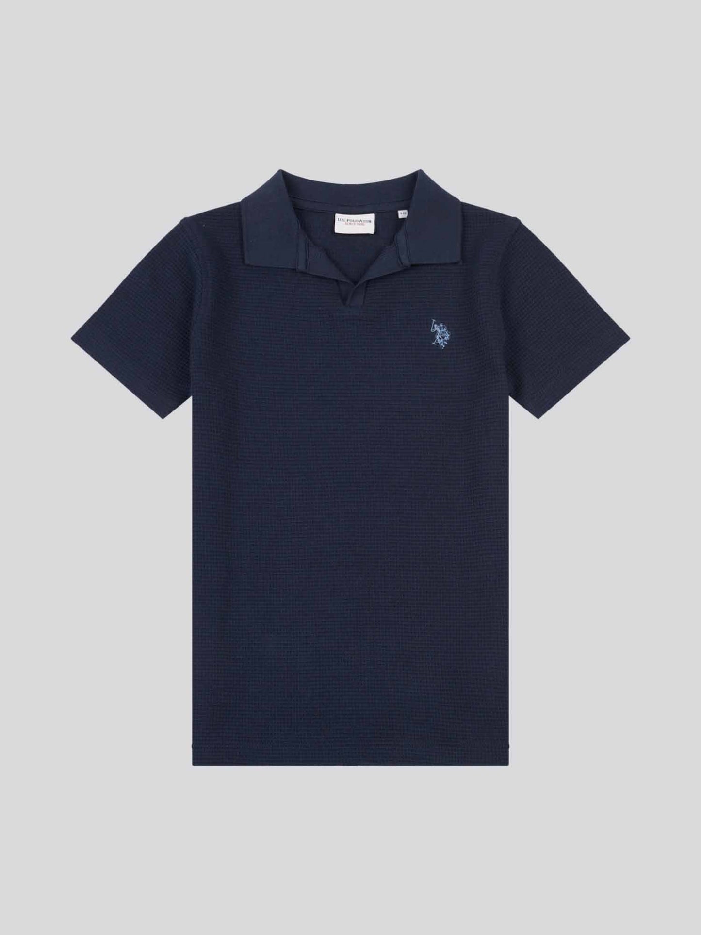 Boys Waffle Texture Open Collar Polo Shirt in Dark Sapphire Navy / Moonlight Blue DHM