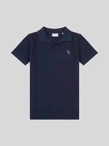 Boys Waffle Texture Open Collar Polo Shirt in Dark Sapphire Navy / Moonlight Blue DHM