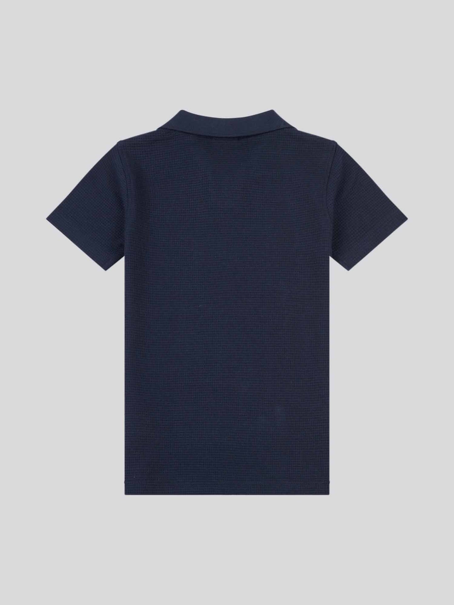 Boys Waffle Texture Open Collar Polo Shirt in Dark Sapphire Navy / Moonlight Blue DHM