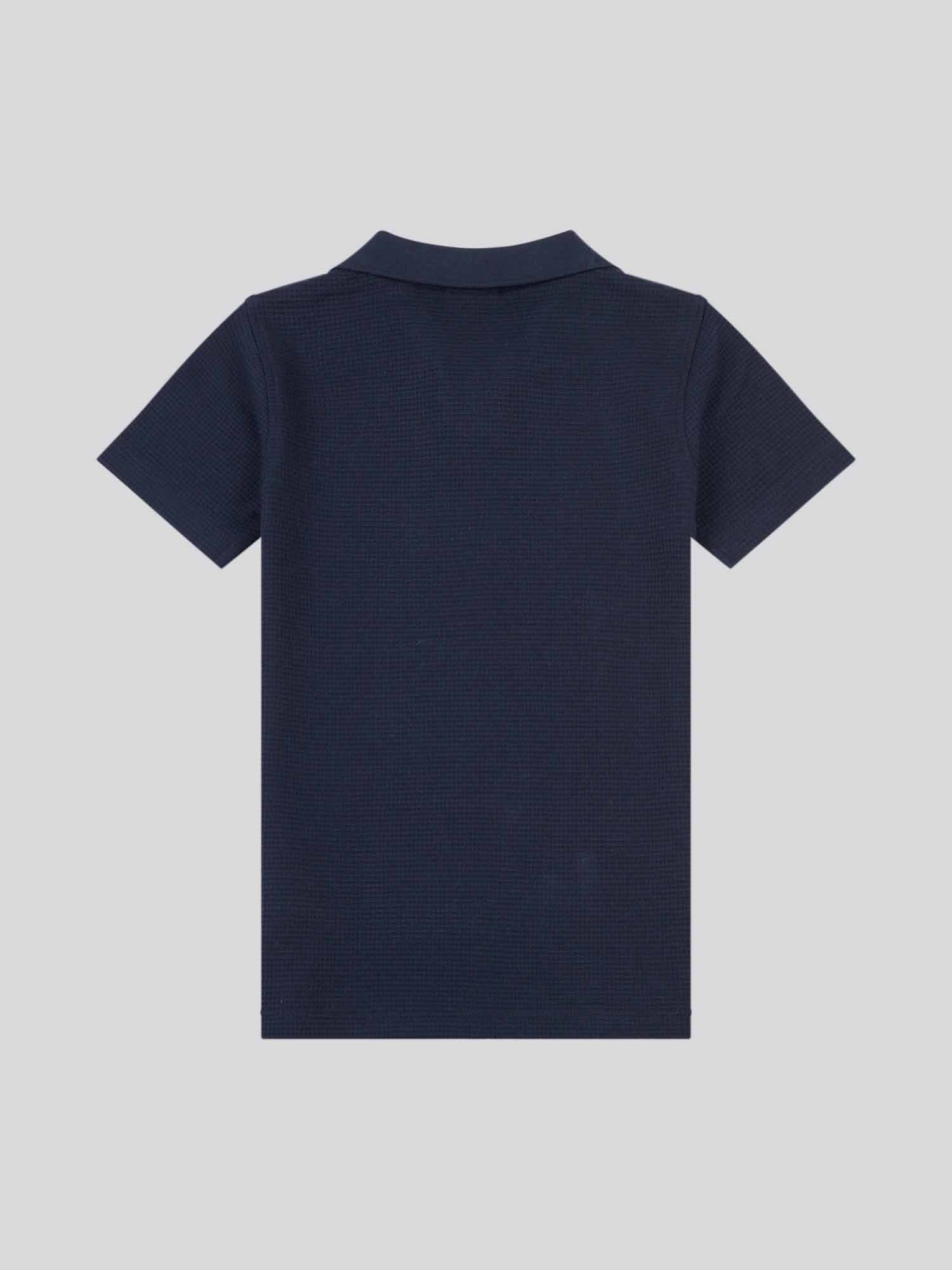 Boys Waffle Texture Open Collar Polo Shirt in Dark Sapphire Navy / Moonlight Blue DHM