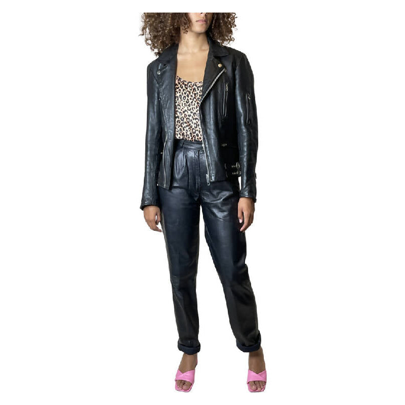 Original 1980's Vintage Black Leather Fringed Biker Jacket UK 10 - 14