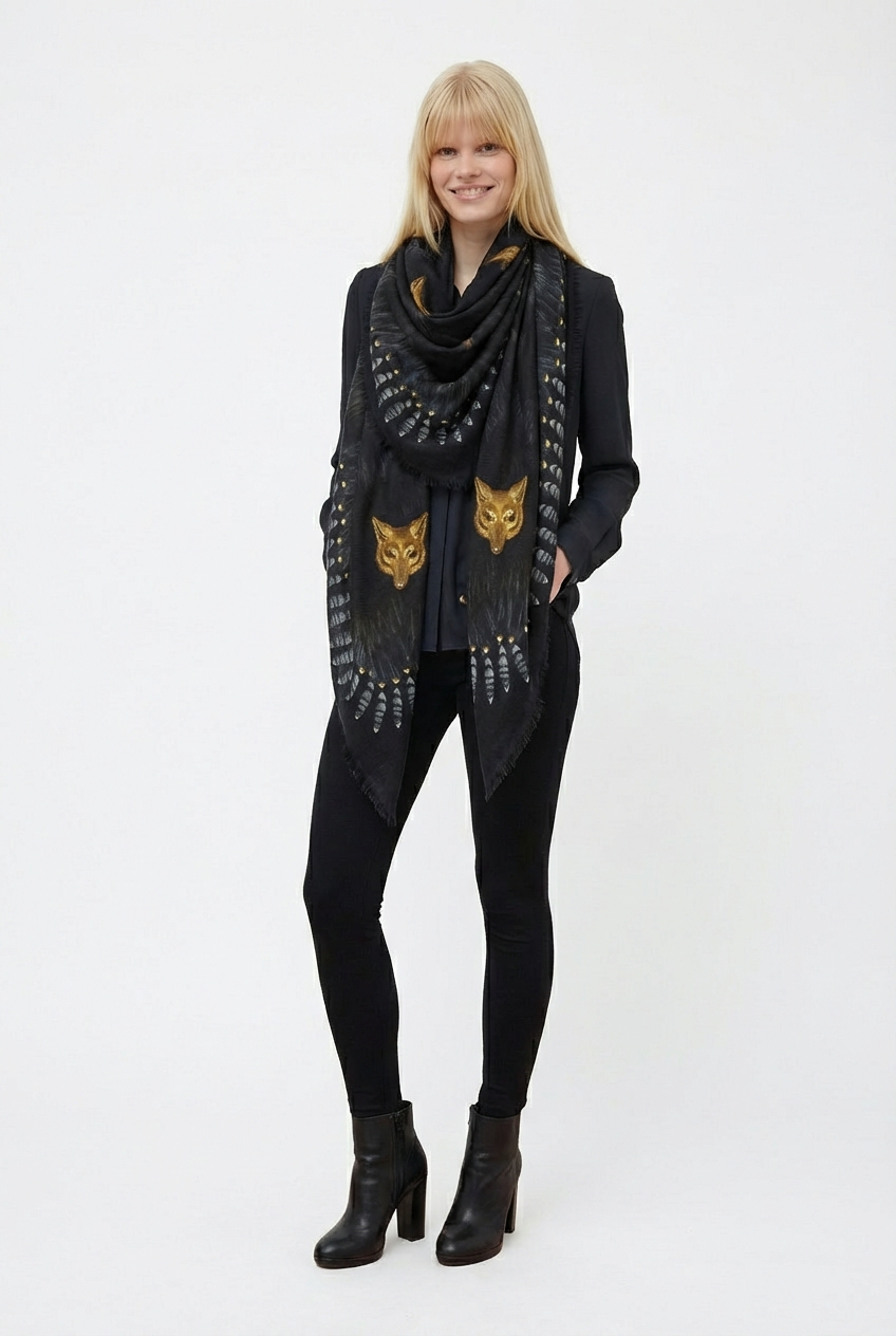 VASSILISA Scarf in Black Colour: Fur and Wolves Masks Print
