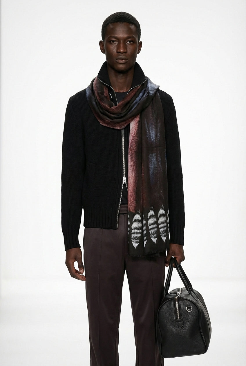 VASSILISA Scarf in Blue and Burgundy Colours: Mink Effect and Tails Print, XL