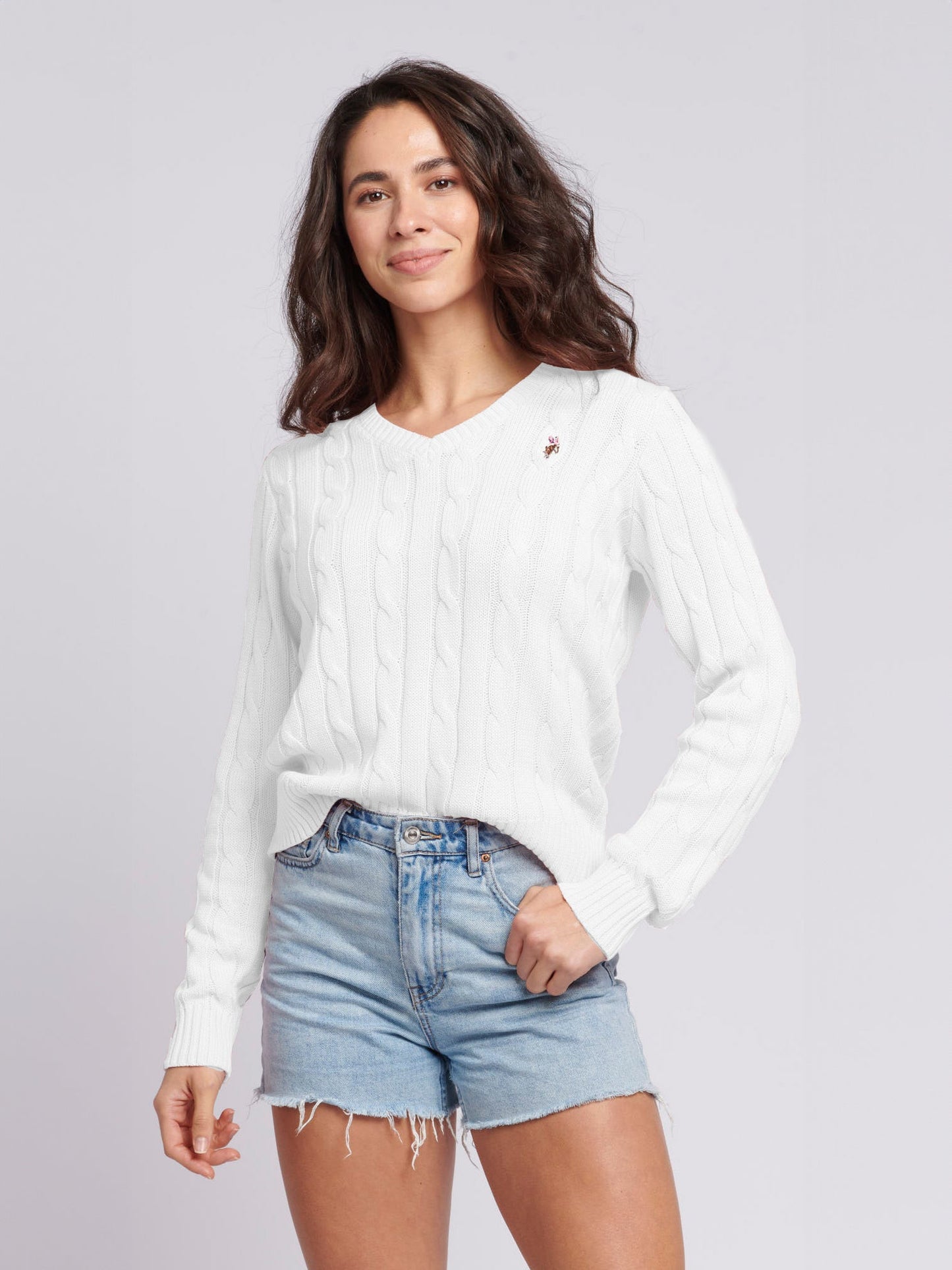 Womens V-Neck Cable Jumper Marshmallow