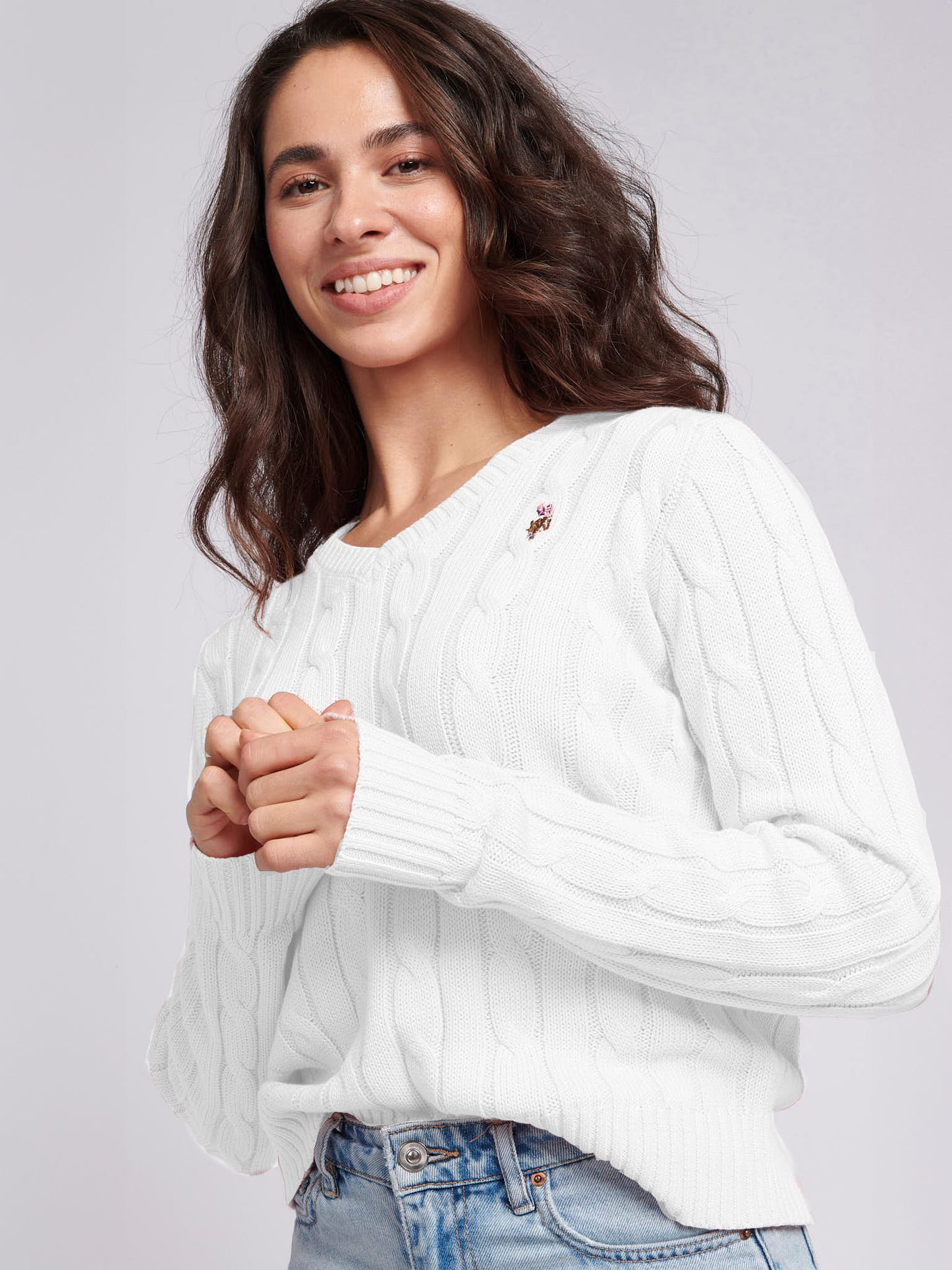 Womens V-Neck Cable Jumper Marshmallow