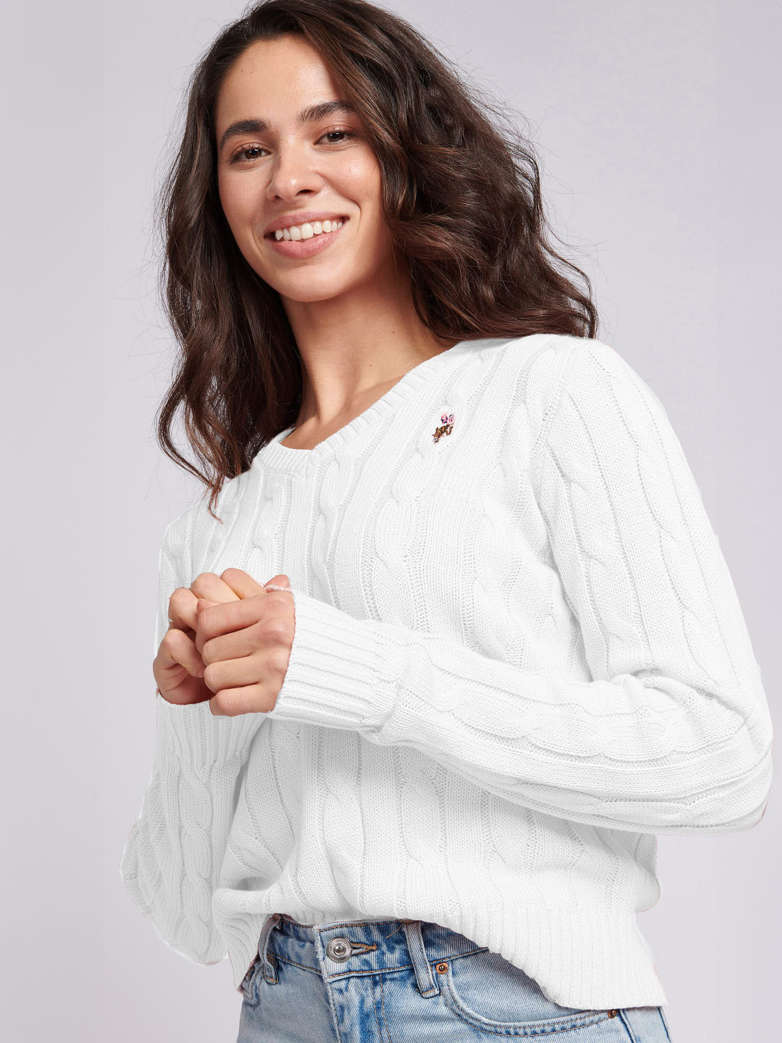 Womens V-Neck Cable Jumper Marshmallow