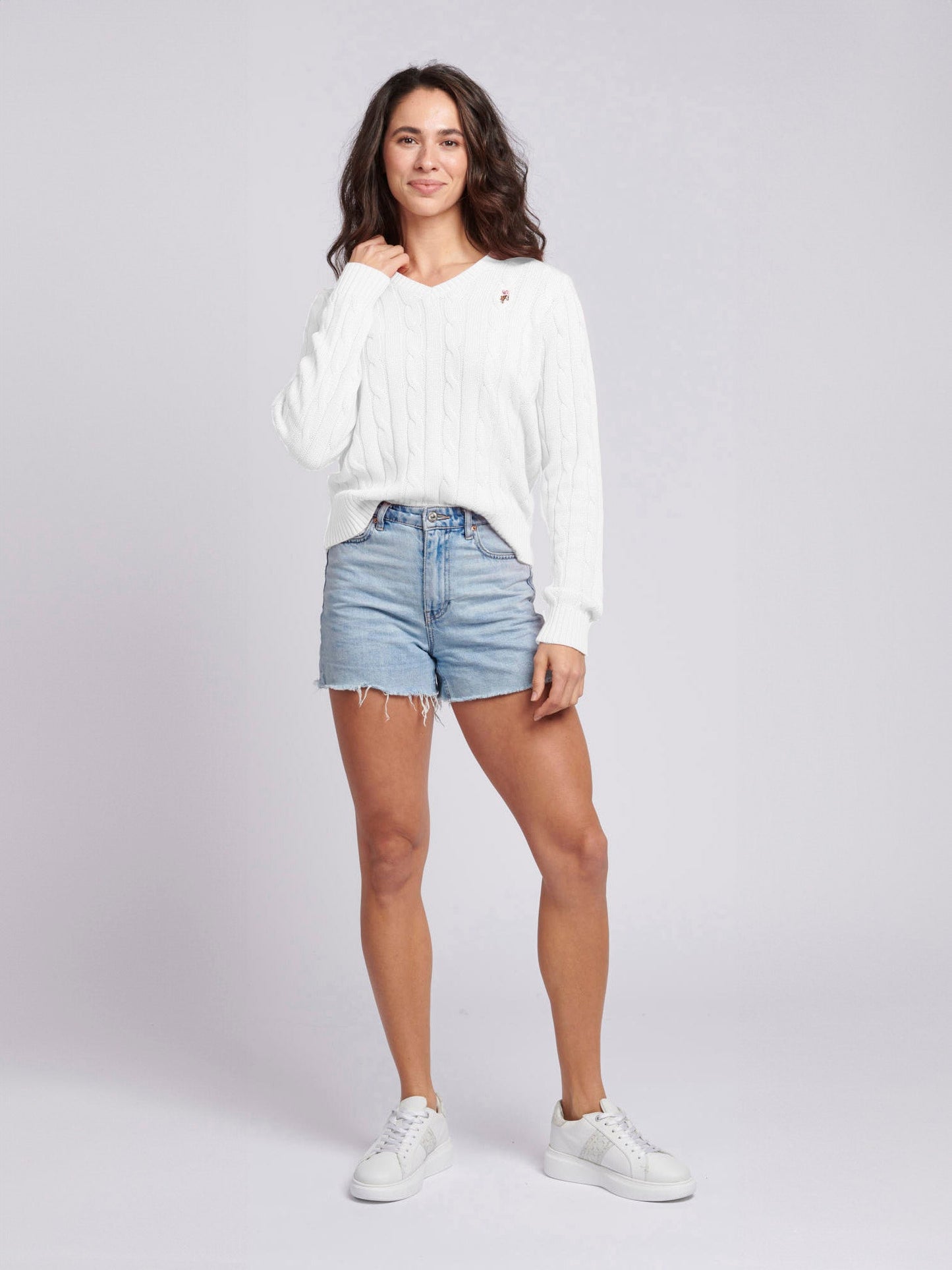 Womens V-Neck Cable Jumper Marshmallow