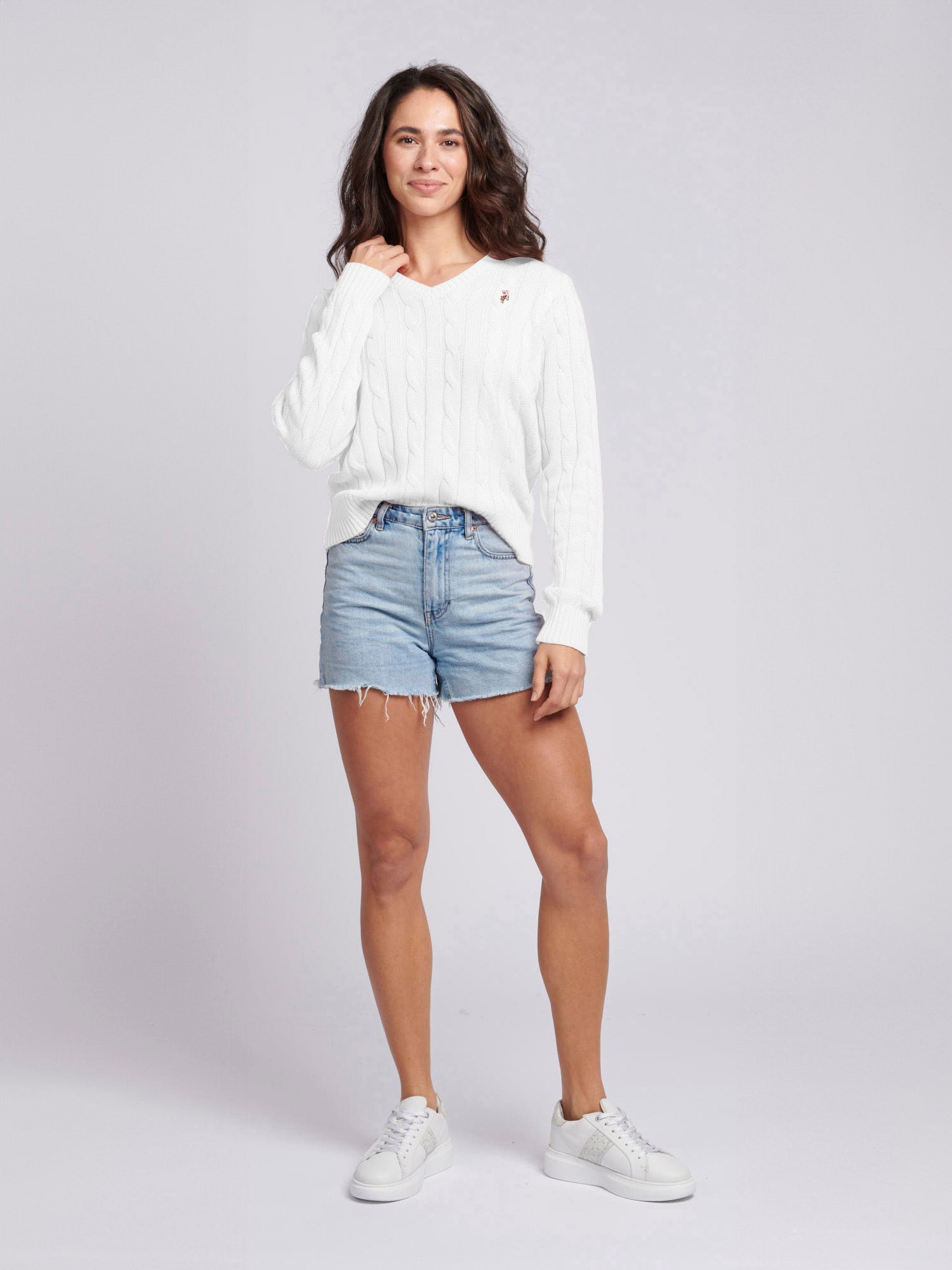 Womens V-Neck Cable Jumper Marshmallow