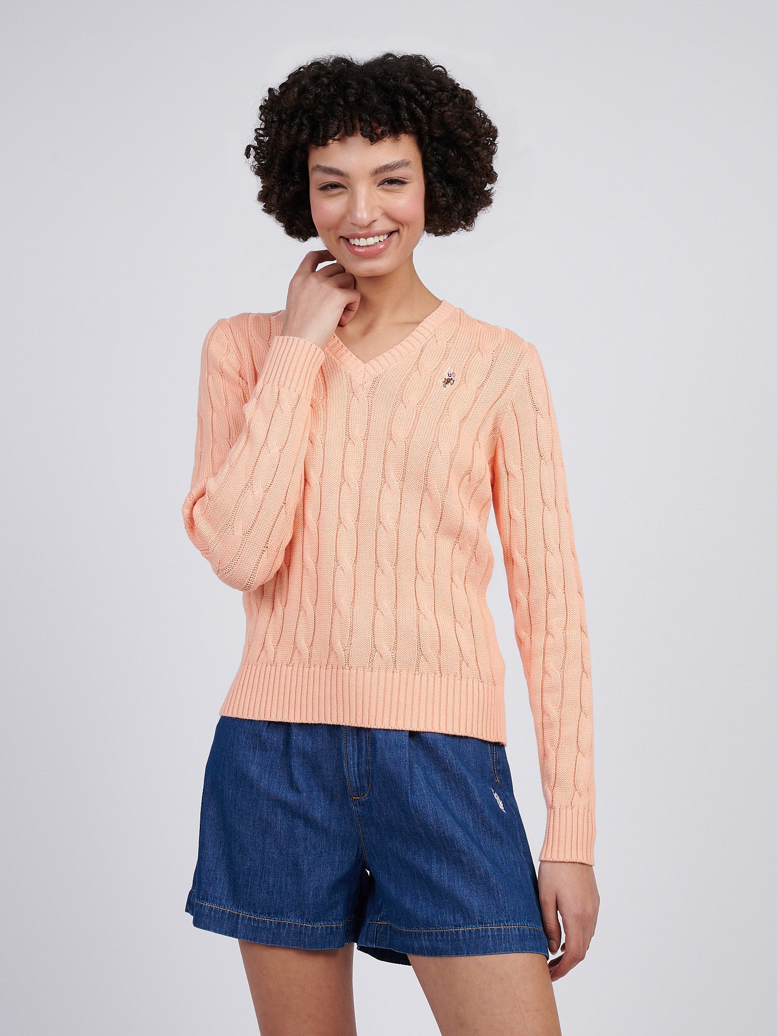 Womens V-Neck Cable Jumper Peach Nectar
