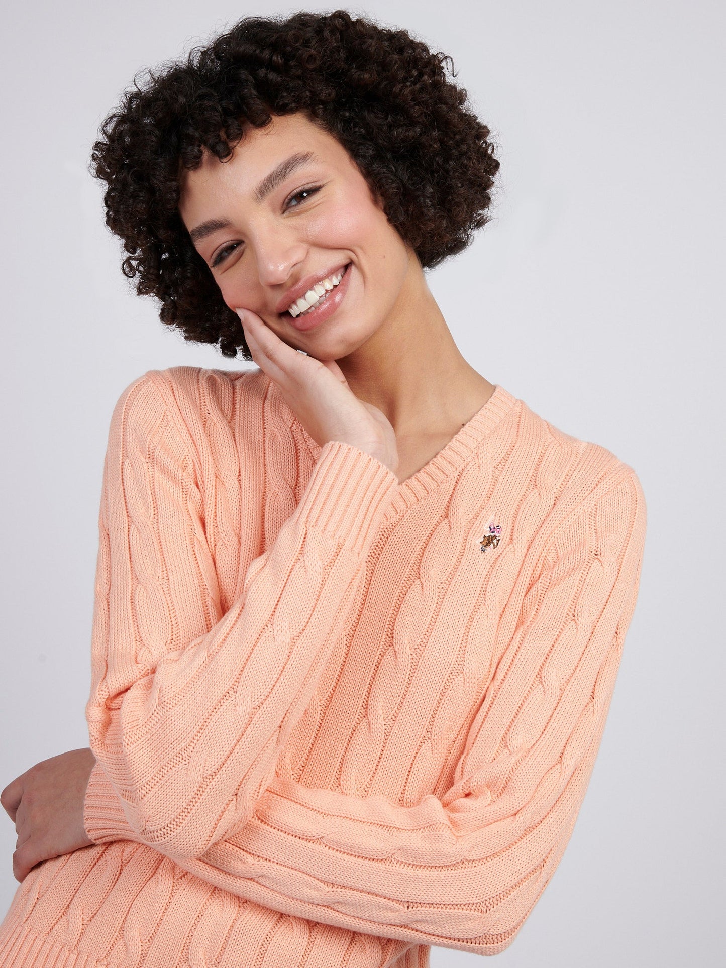 Womens V-Neck Cable Jumper Peach Nectar