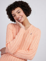 Womens V-Neck Cable Jumper Peach Nectar