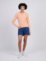 Womens V-Neck Cable Jumper Peach Nectar