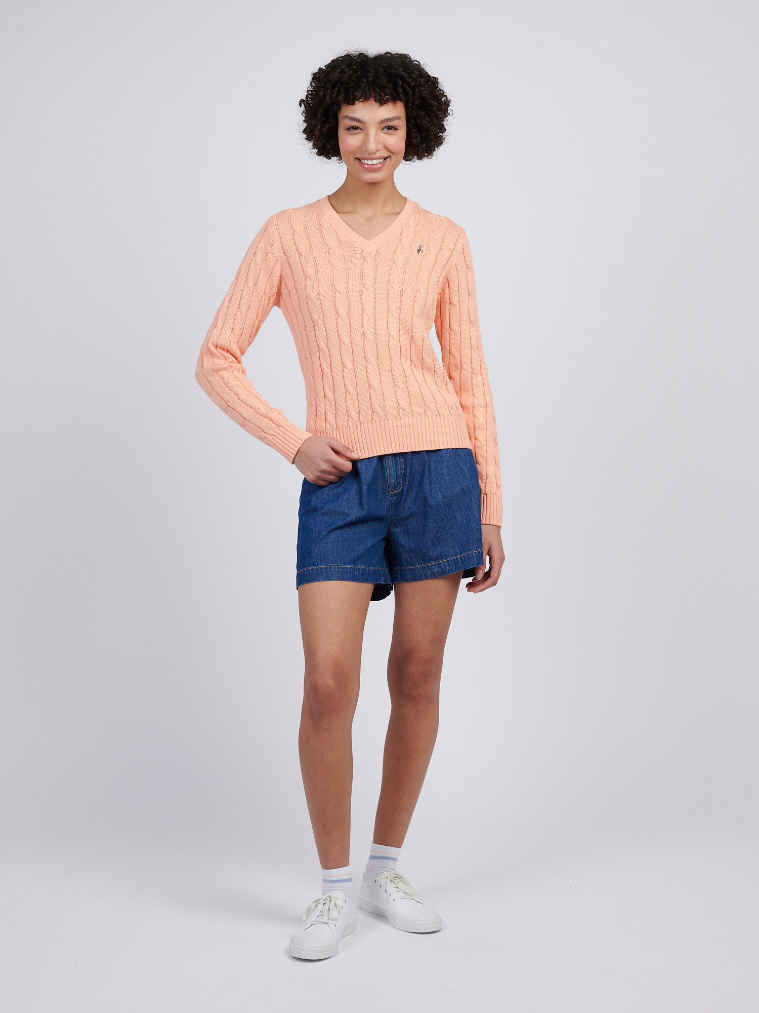 Womens V-Neck Cable Jumper Peach Nectar
