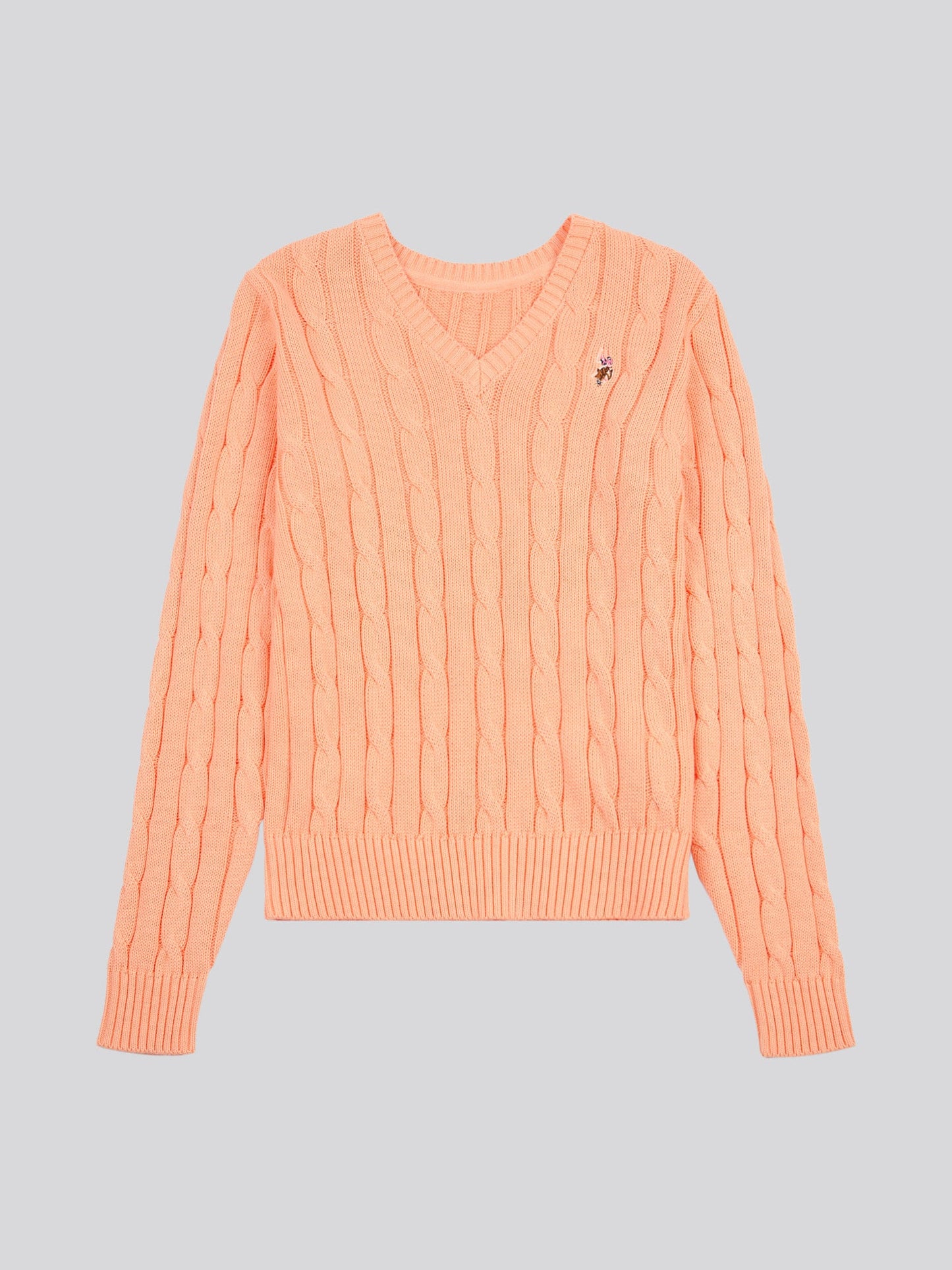 Womens V-Neck Cable Jumper Peach Nectar