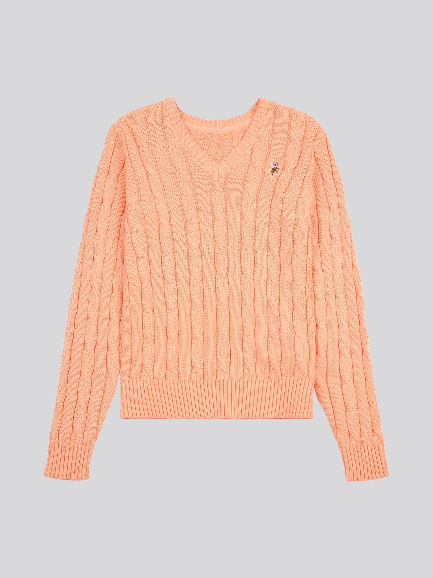 Womens V-Neck Cable Jumper Peach Nectar