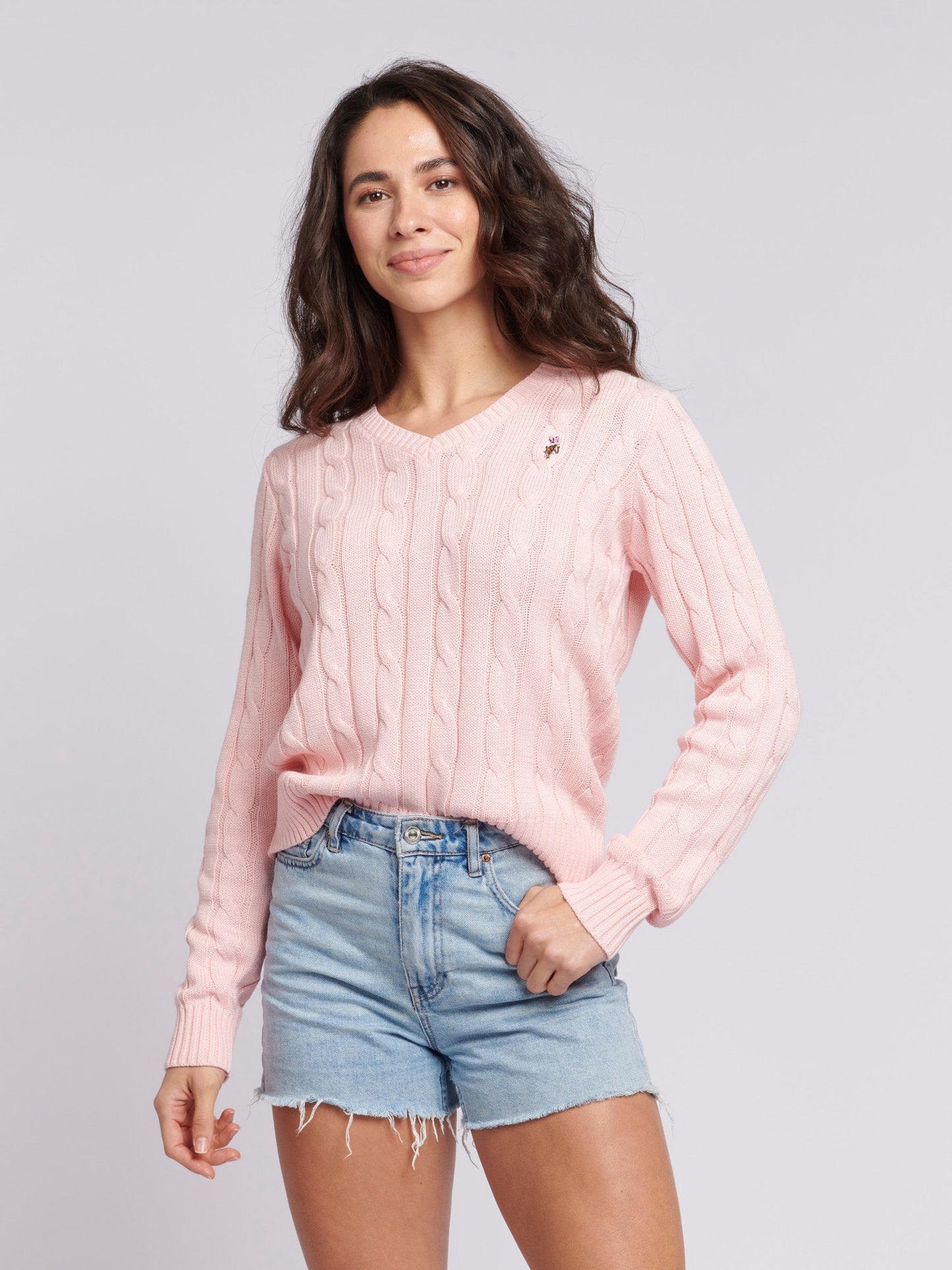Womens V-Neck Cable Jumper Crystal Rose