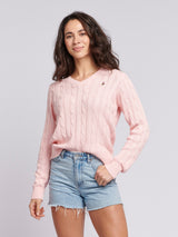 Womens V-Neck Cable Jumper Crystal Rose