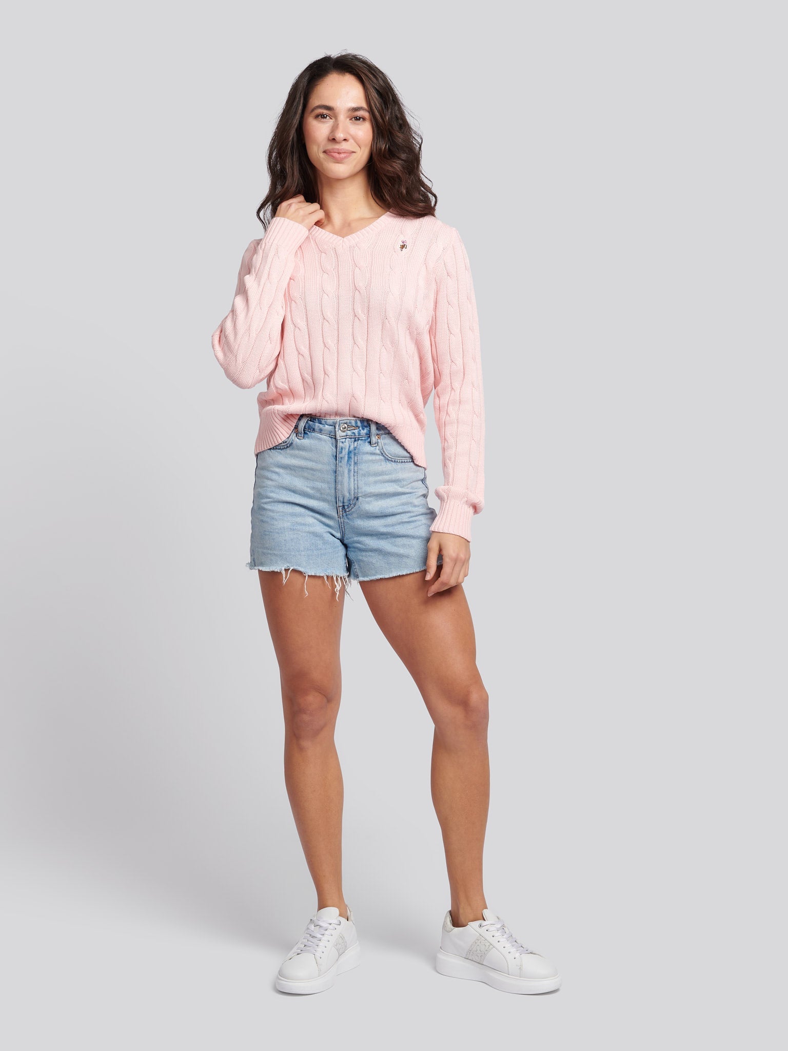Womens V-Neck Cable Jumper Crystal Rose