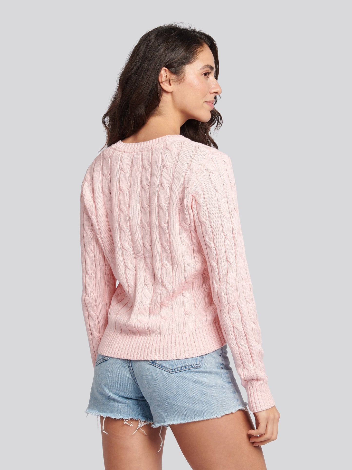 Womens V-Neck Cable Jumper Crystal Rose