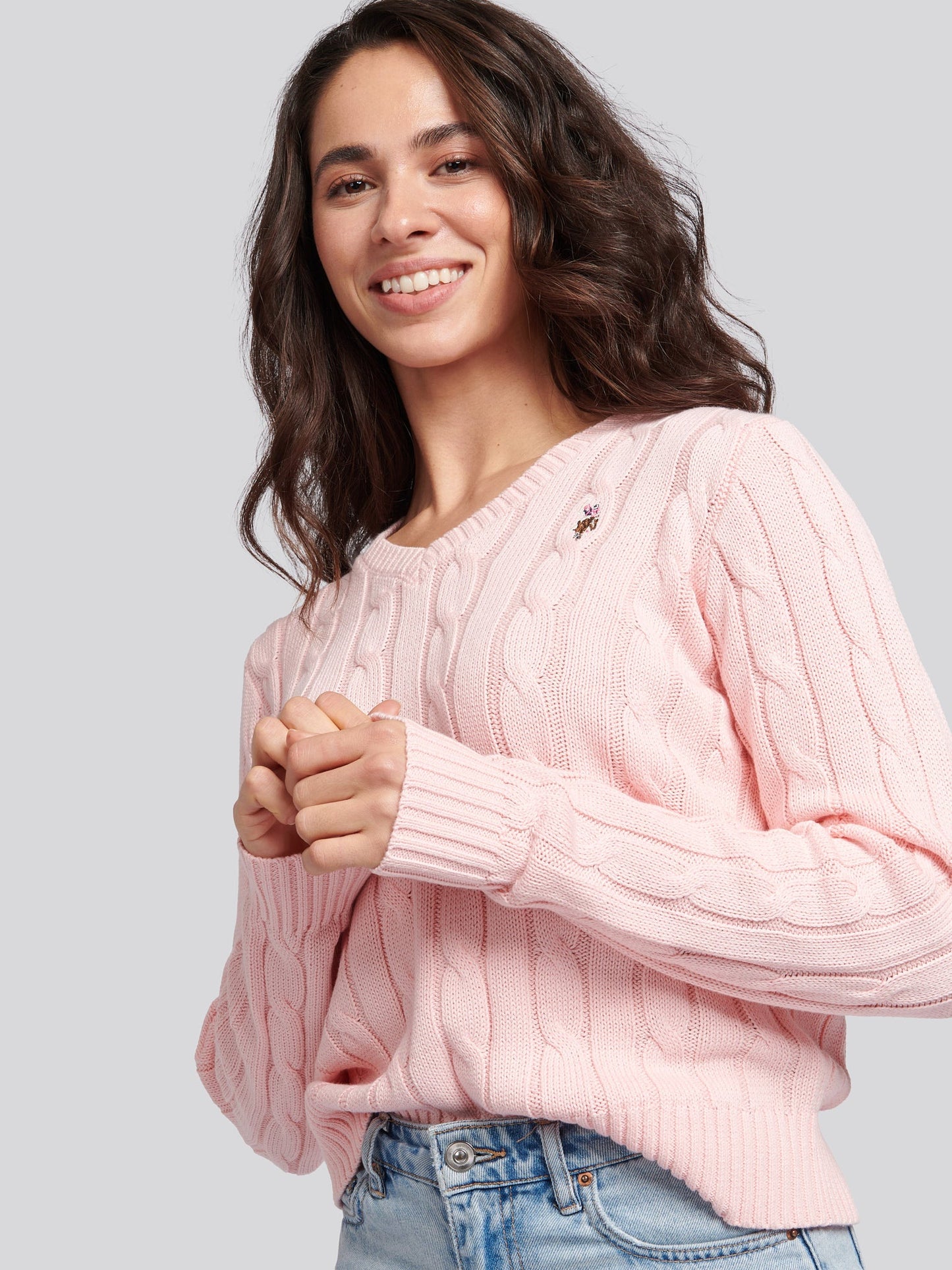 Womens V-Neck Cable Jumper Crystal Rose