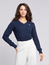 Womens V-Neck Cable Jumper Navy Iris
