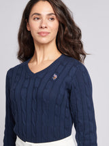 Womens V-Neck Cable Jumper Navy Iris