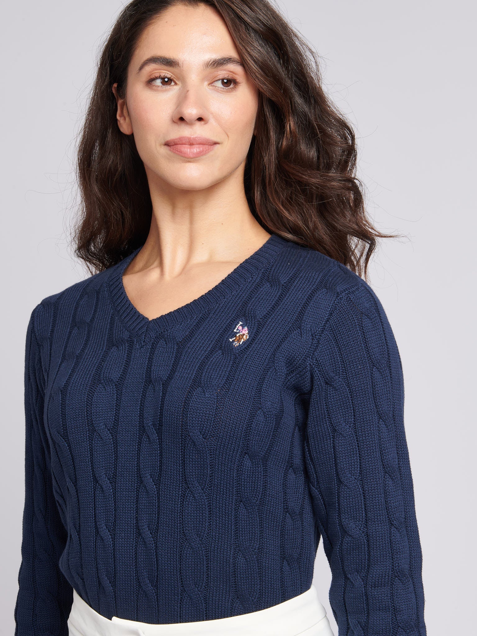 Womens V-Neck Cable Jumper Navy Iris