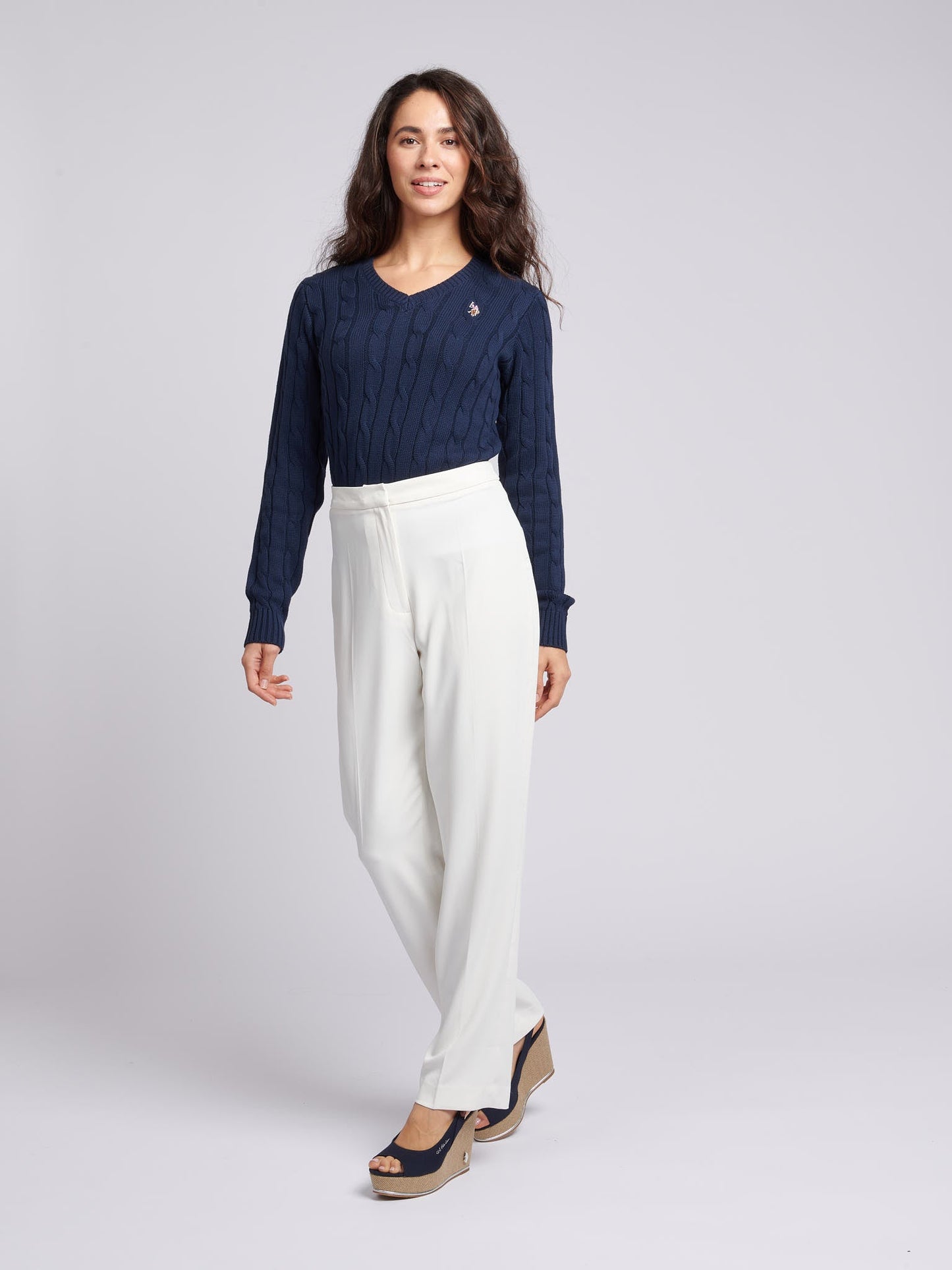 Womens V-Neck Cable Jumper Navy Iris