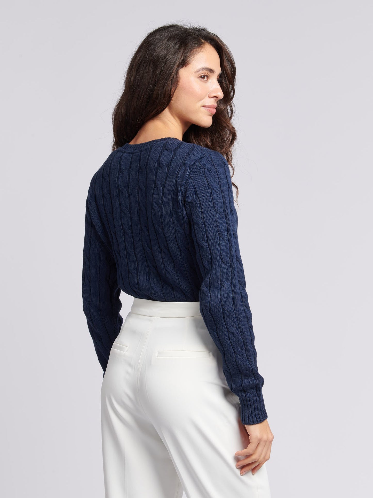 Womens V-Neck Cable Jumper Navy Iris