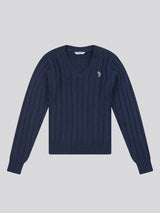 Womens V-Neck Cable Jumper Navy Iris