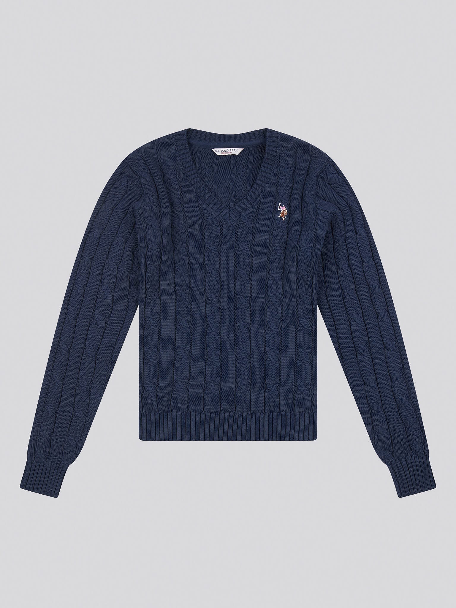 Womens V-Neck Cable Jumper Navy Iris