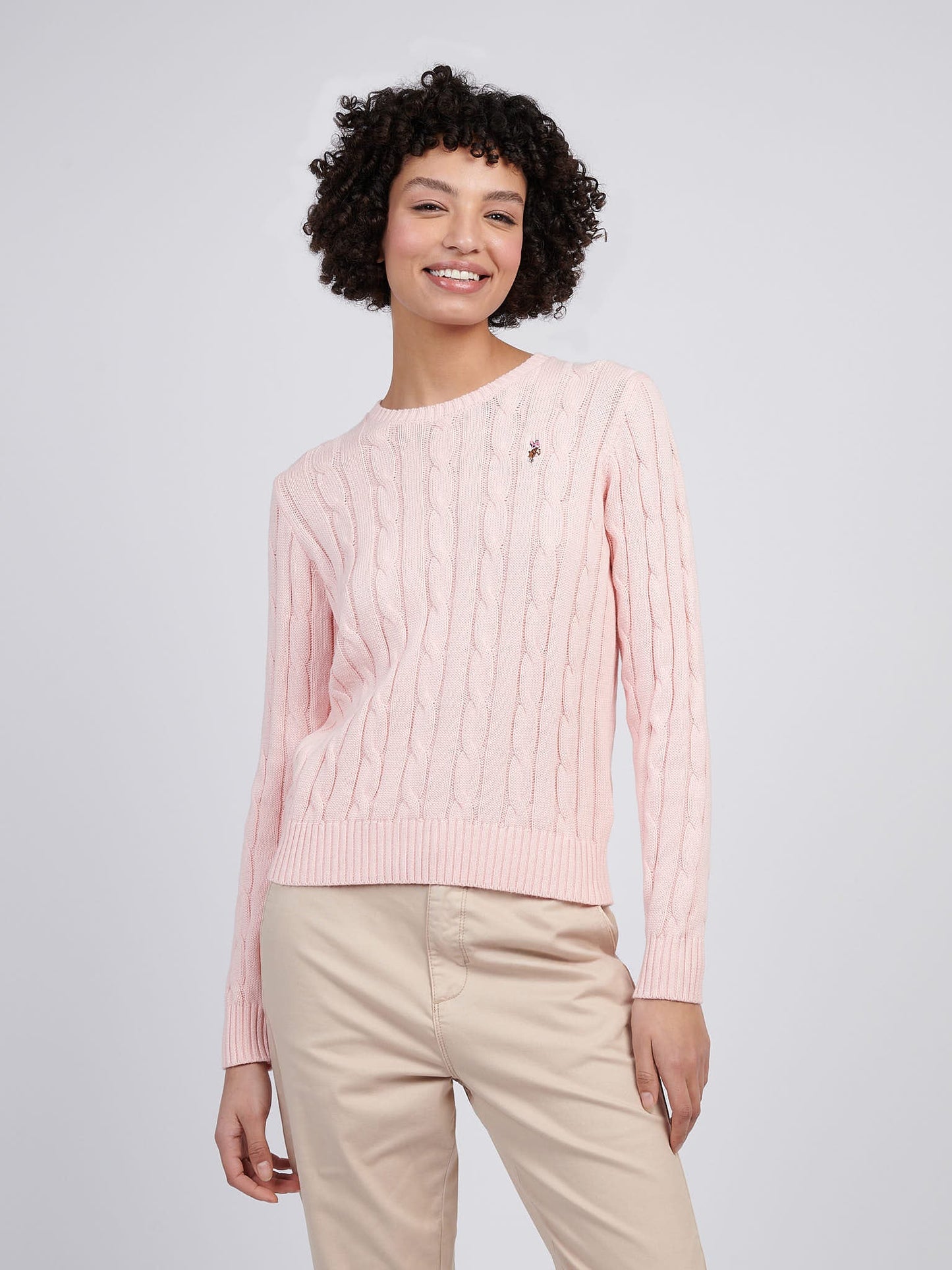 Womens Crew Neck Cable Jumper Crystal Rose