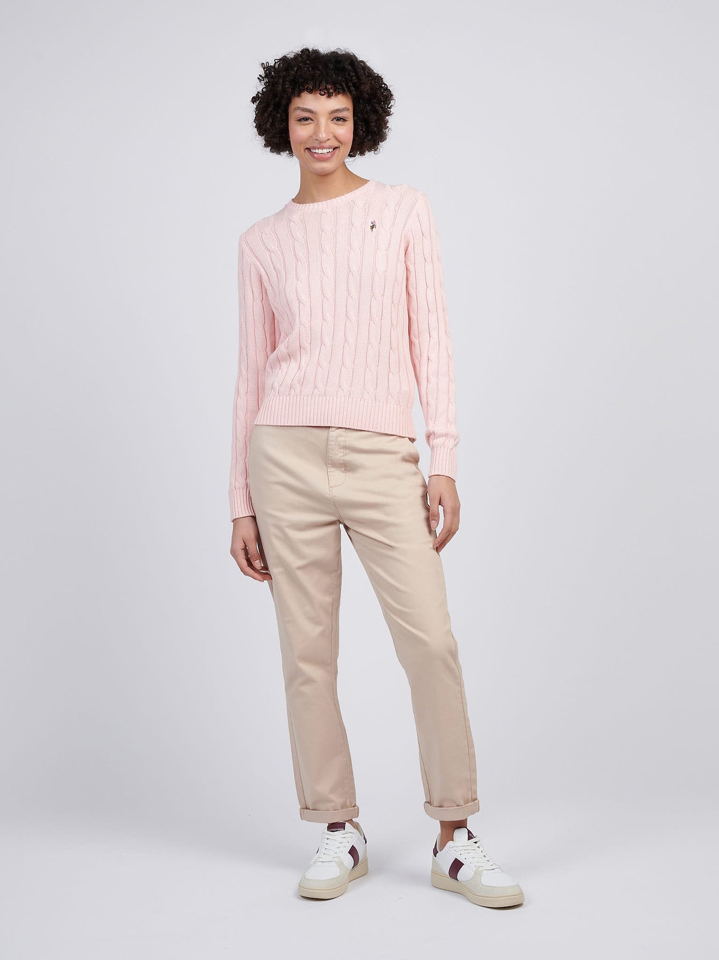 Womens Crew Neck Cable Jumper Crystal Rose