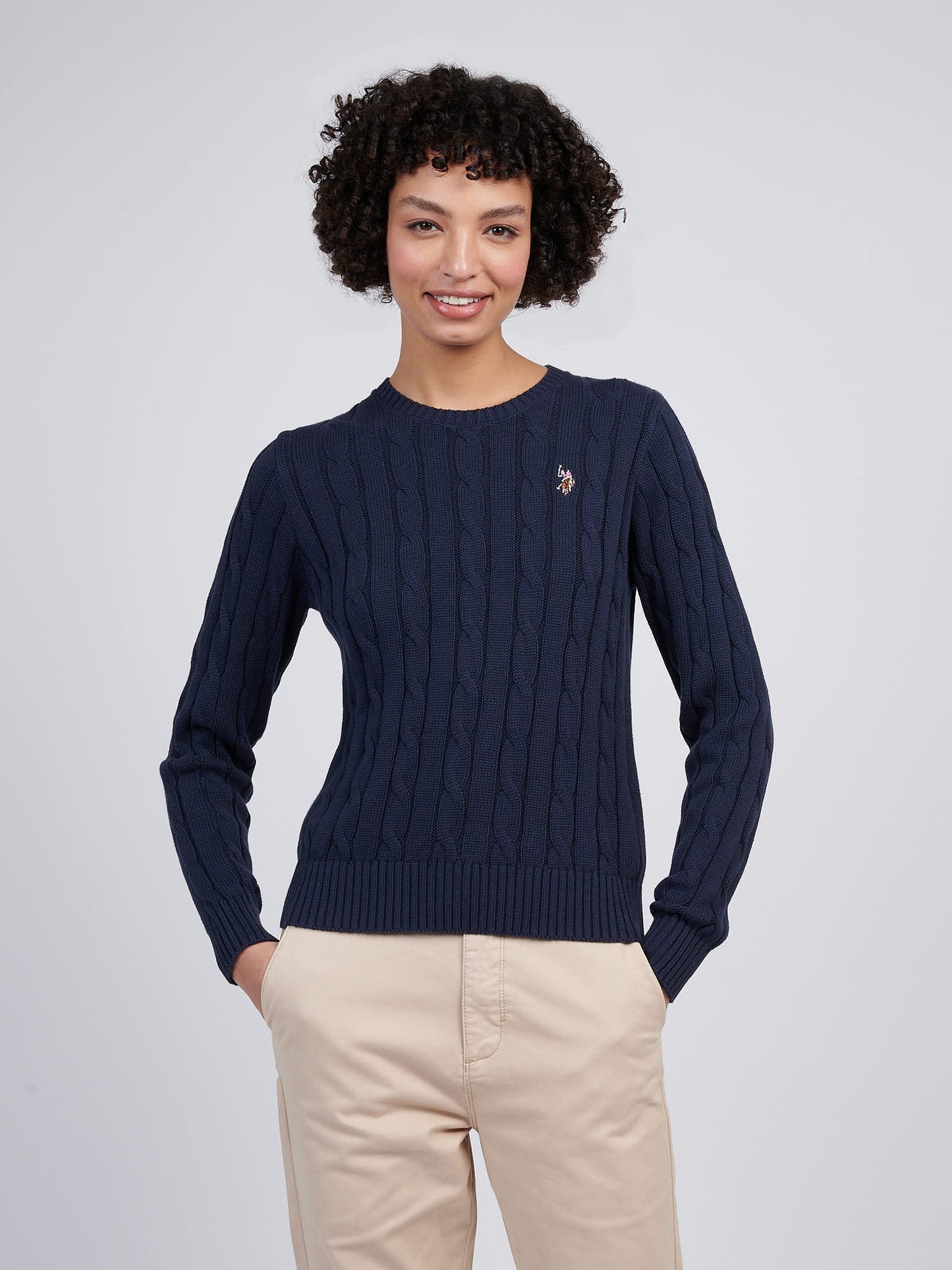 Womens Crew Neck Cable Jumper Navy Iris