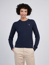 Womens Crew Neck Cable Jumper Navy Iris