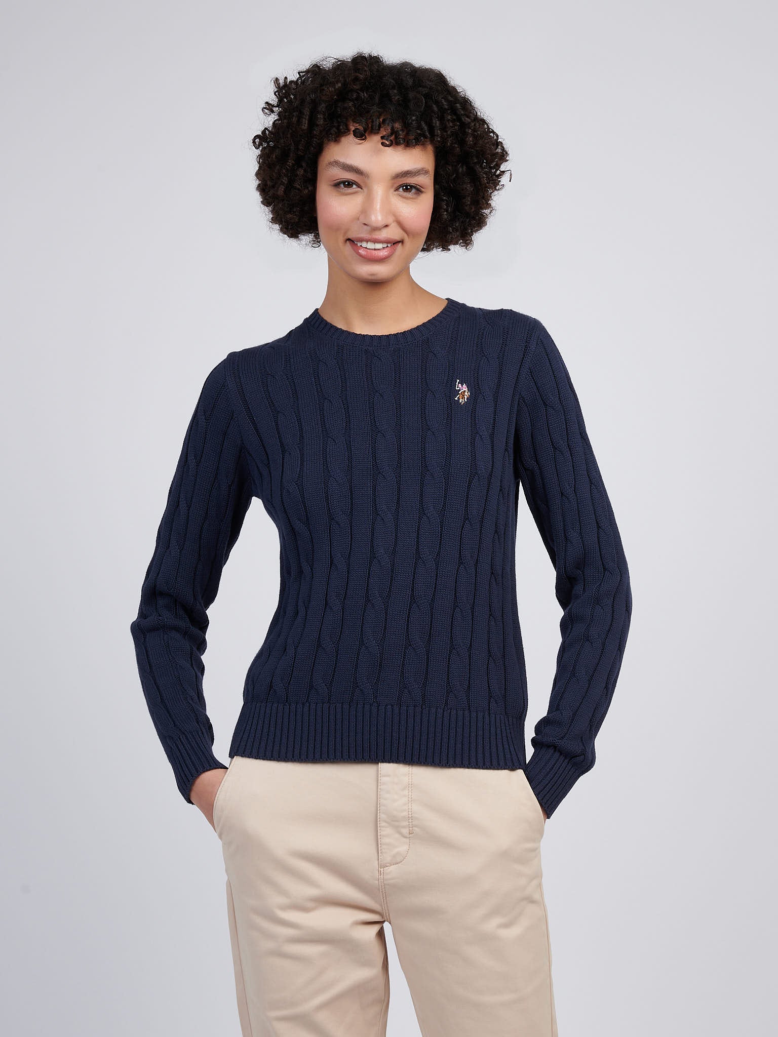 Womens Crew Neck Cable Jumper Navy Iris