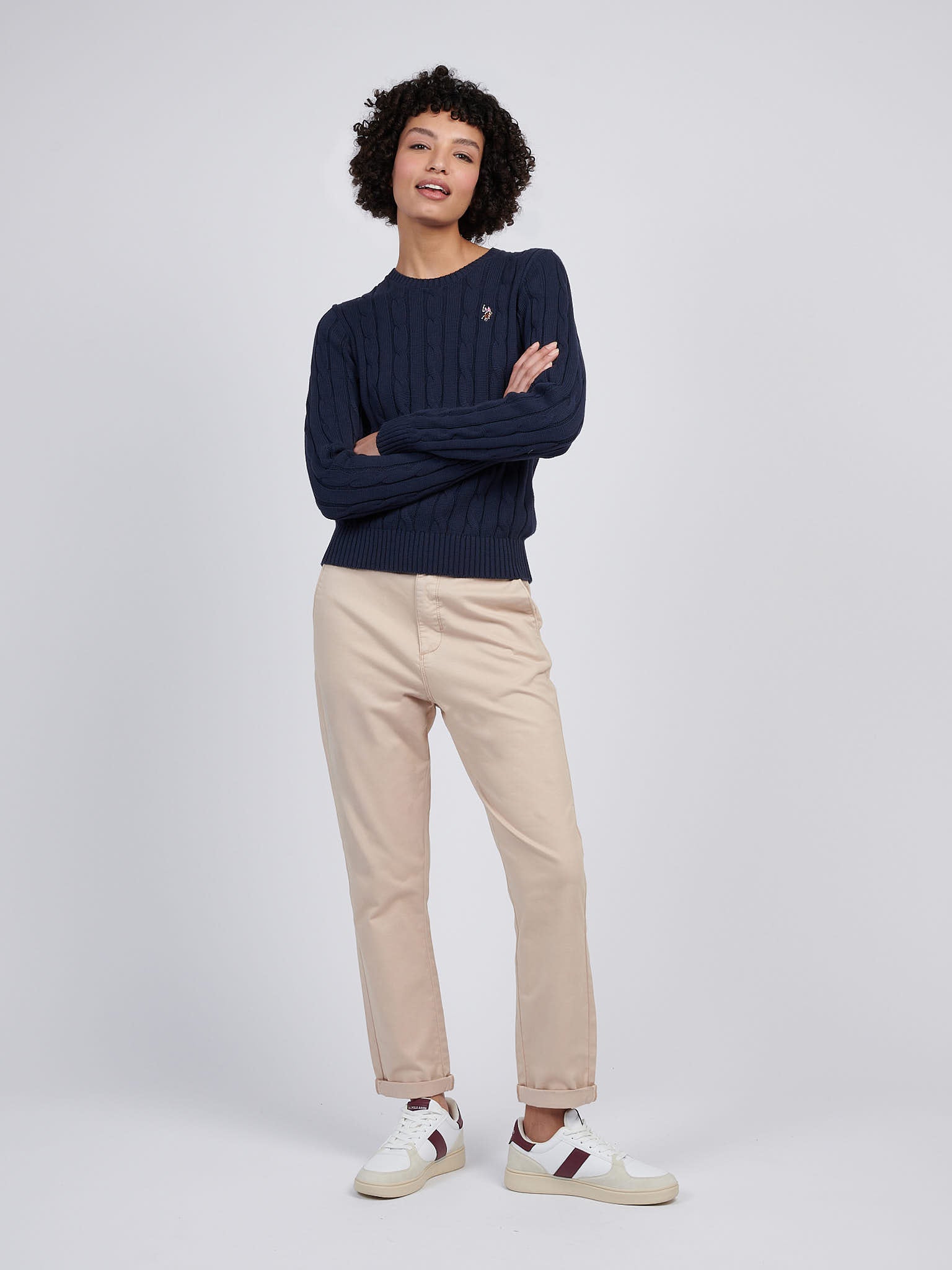 Womens Crew Neck Cable Jumper Navy Iris