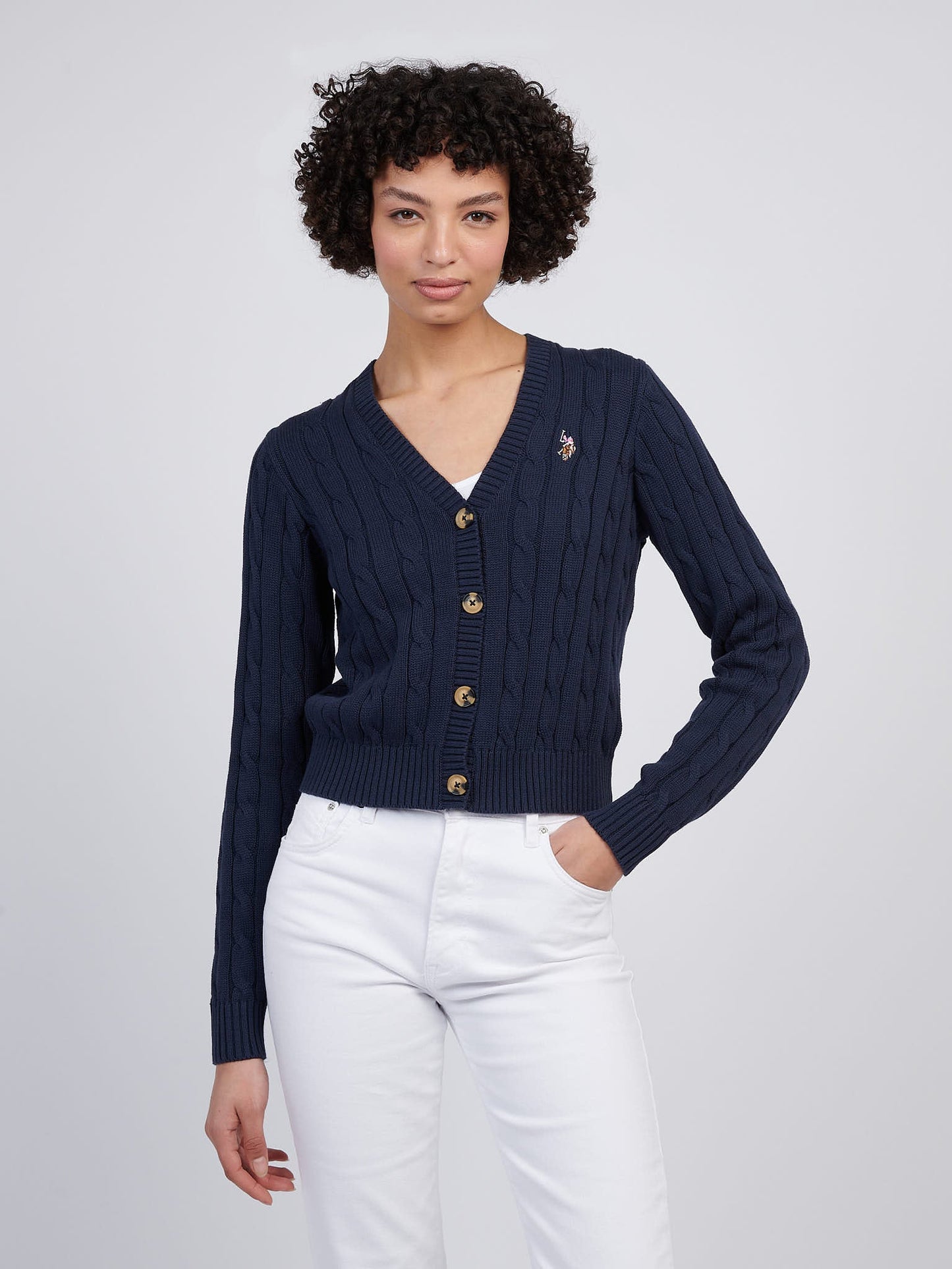 Womens Cable Knit Cardigan Navy Iris