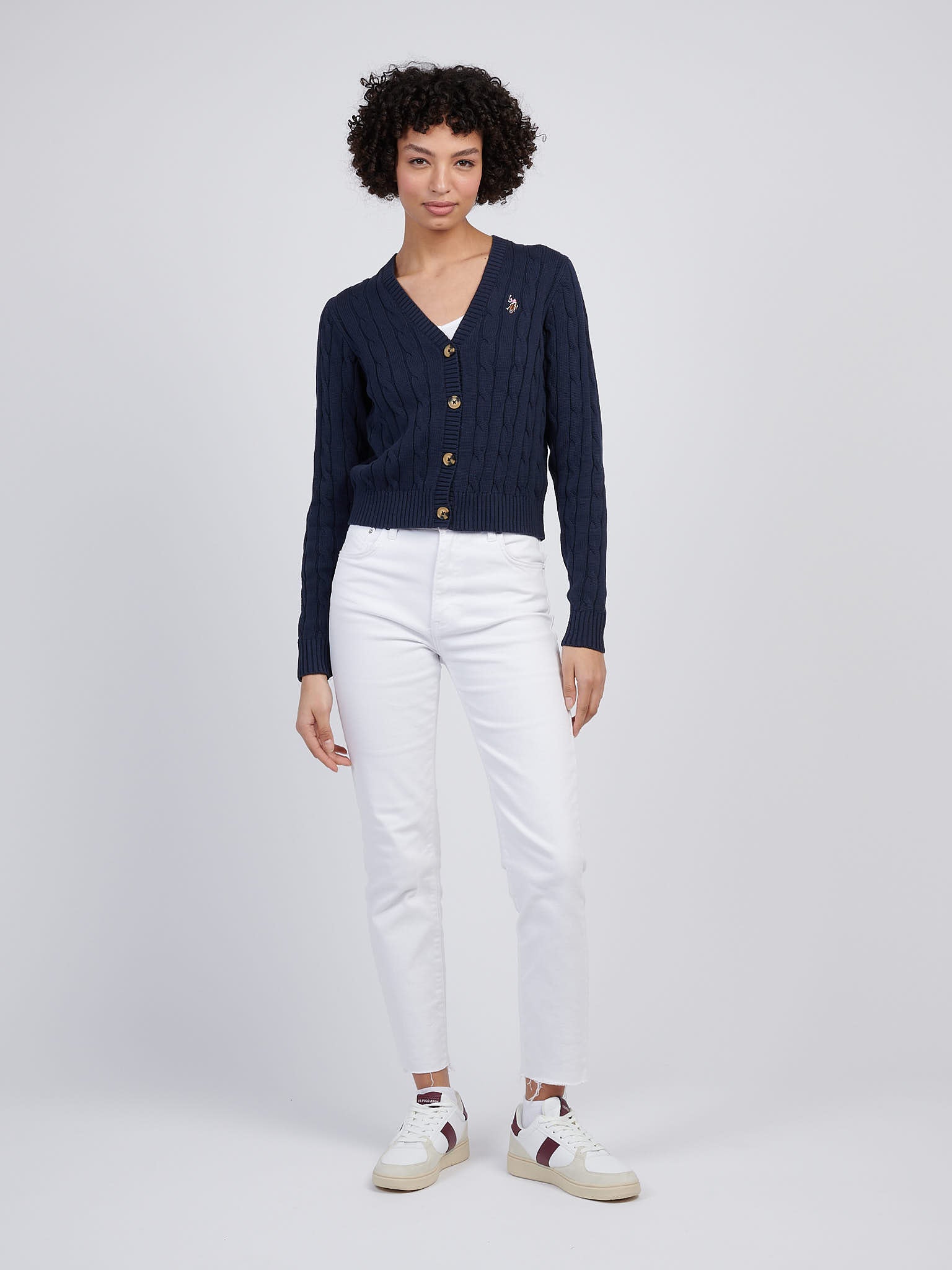 Womens Cable Knit Cardigan Navy Iris