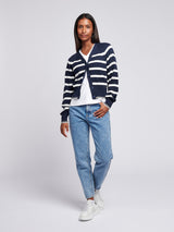 Womens Stripe Cropped Rib Cardigan in Navy Iris